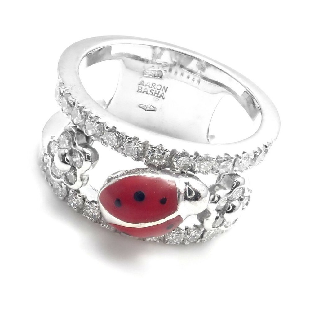 Authentic! Aaron Basha 18k White Gold Diamond Red Enamel Ladybug Band Ring​